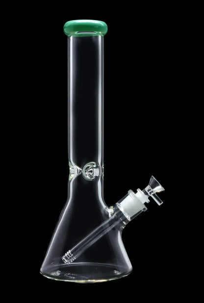 Clear glass bong with a green mouthpiece and downstem.