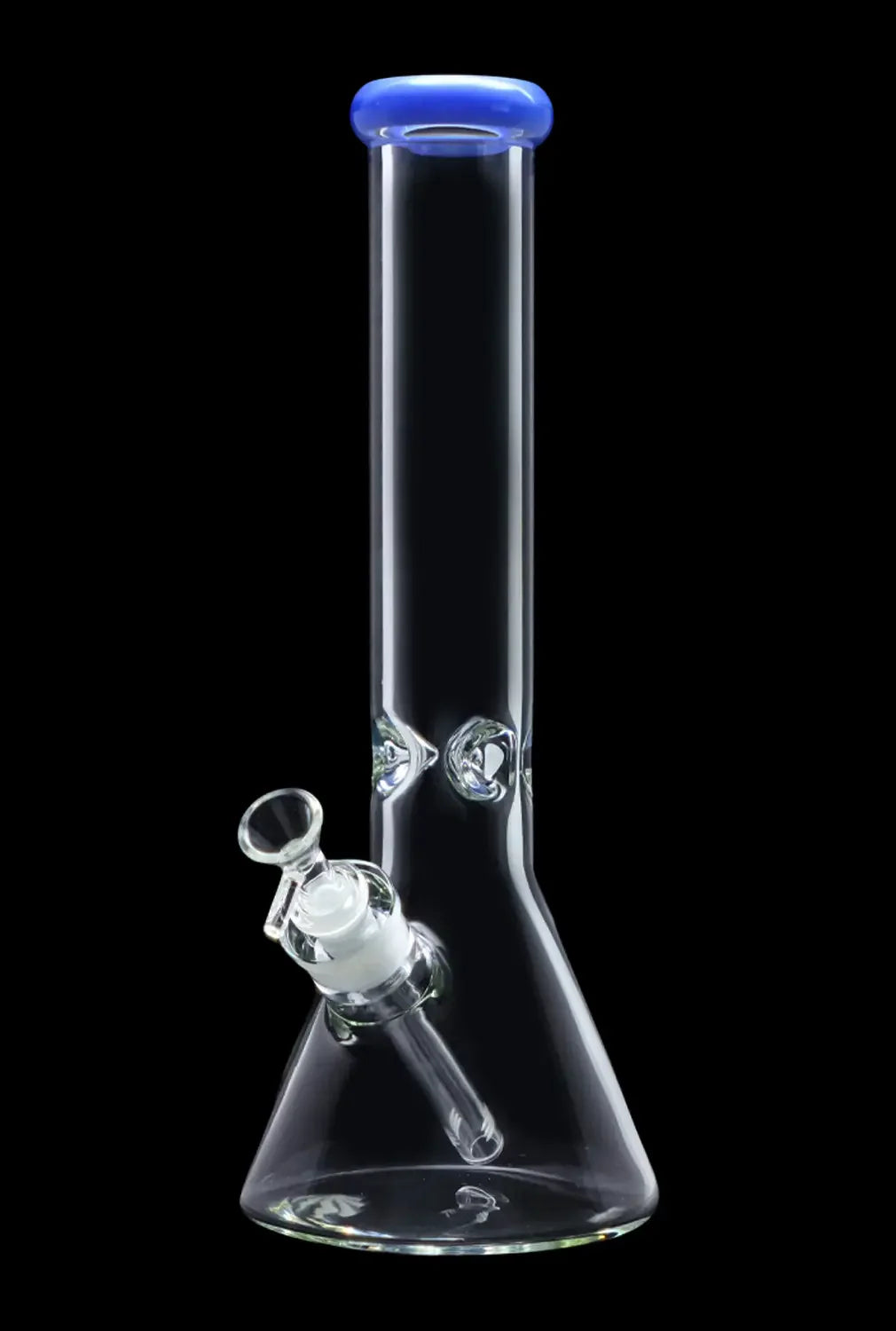 Clear glass bong with blue accents, isolated on black.