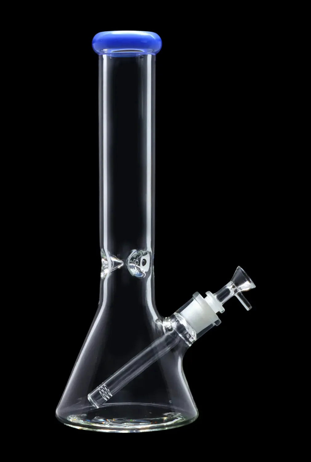 Clear glass bong with blue accent and downstem against a black background.