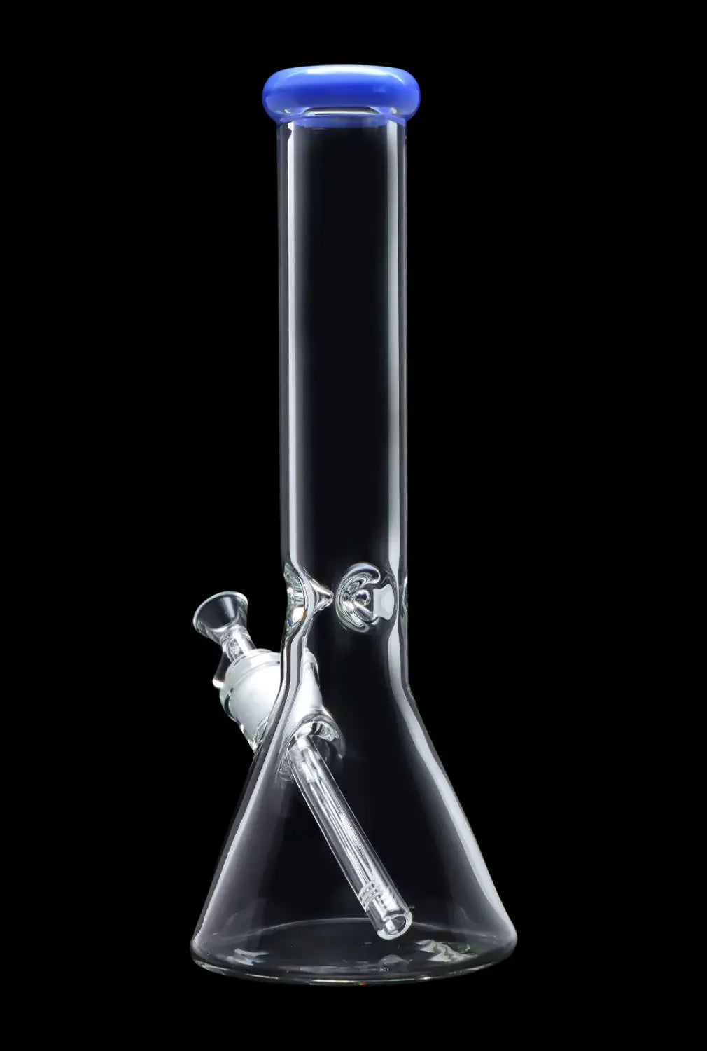 Clear glass bong with a blue mouthpiece against a black background.