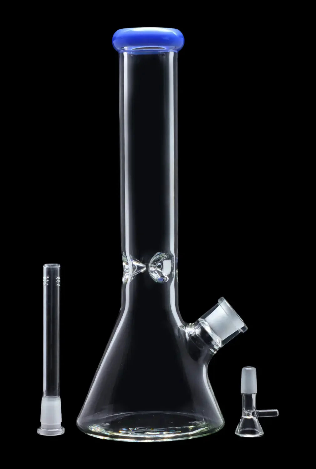 Glass bong with removable downstem and bowl, isolated on a black background.
