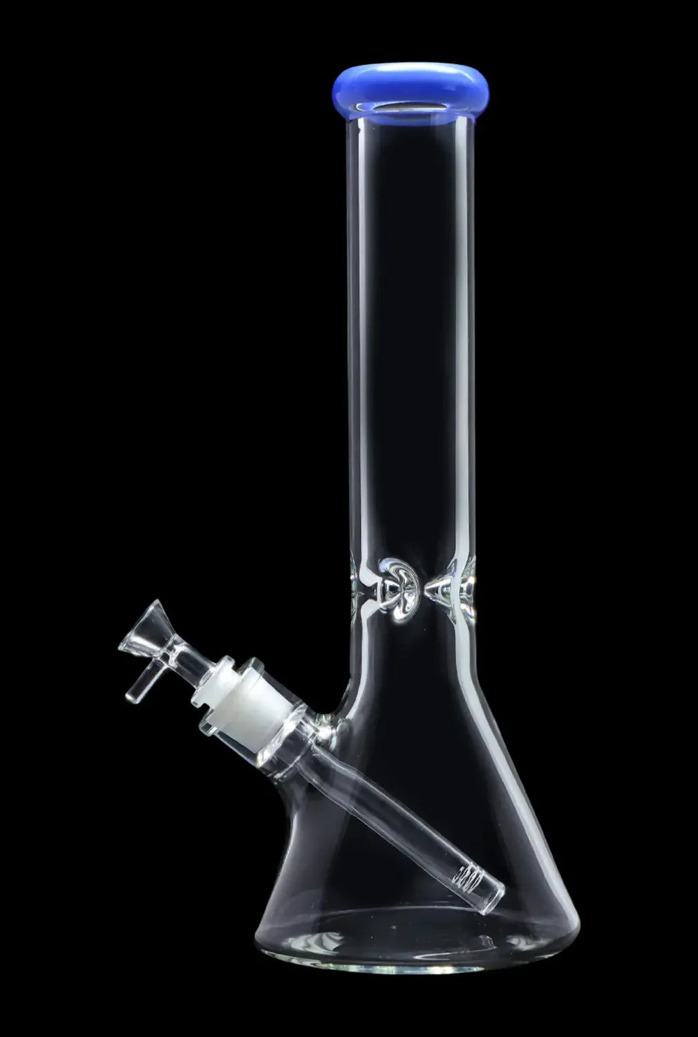 Clear glass bong with blue accents and intricate detailing.