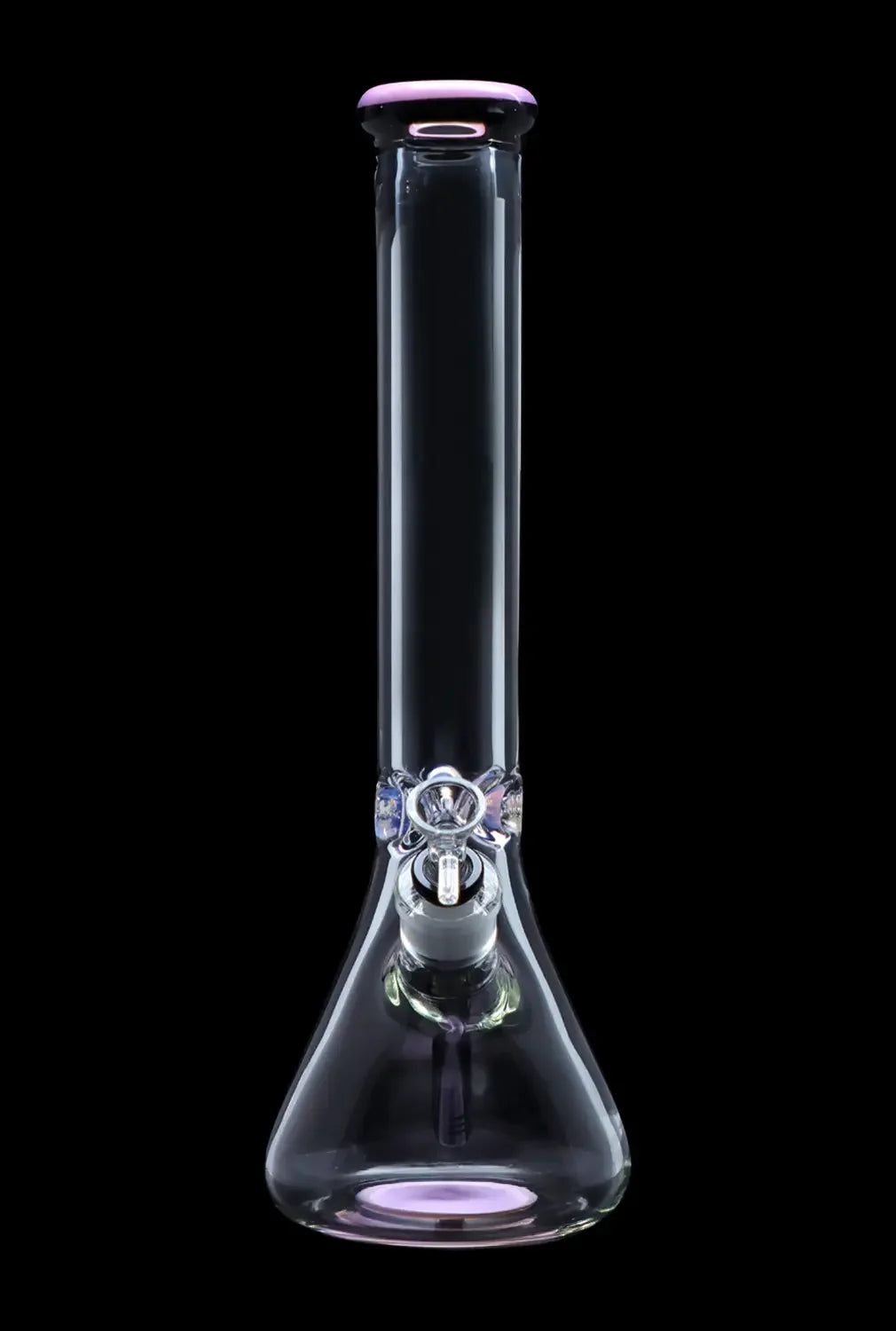 Clear glass bong with purple accents, isolated on black.