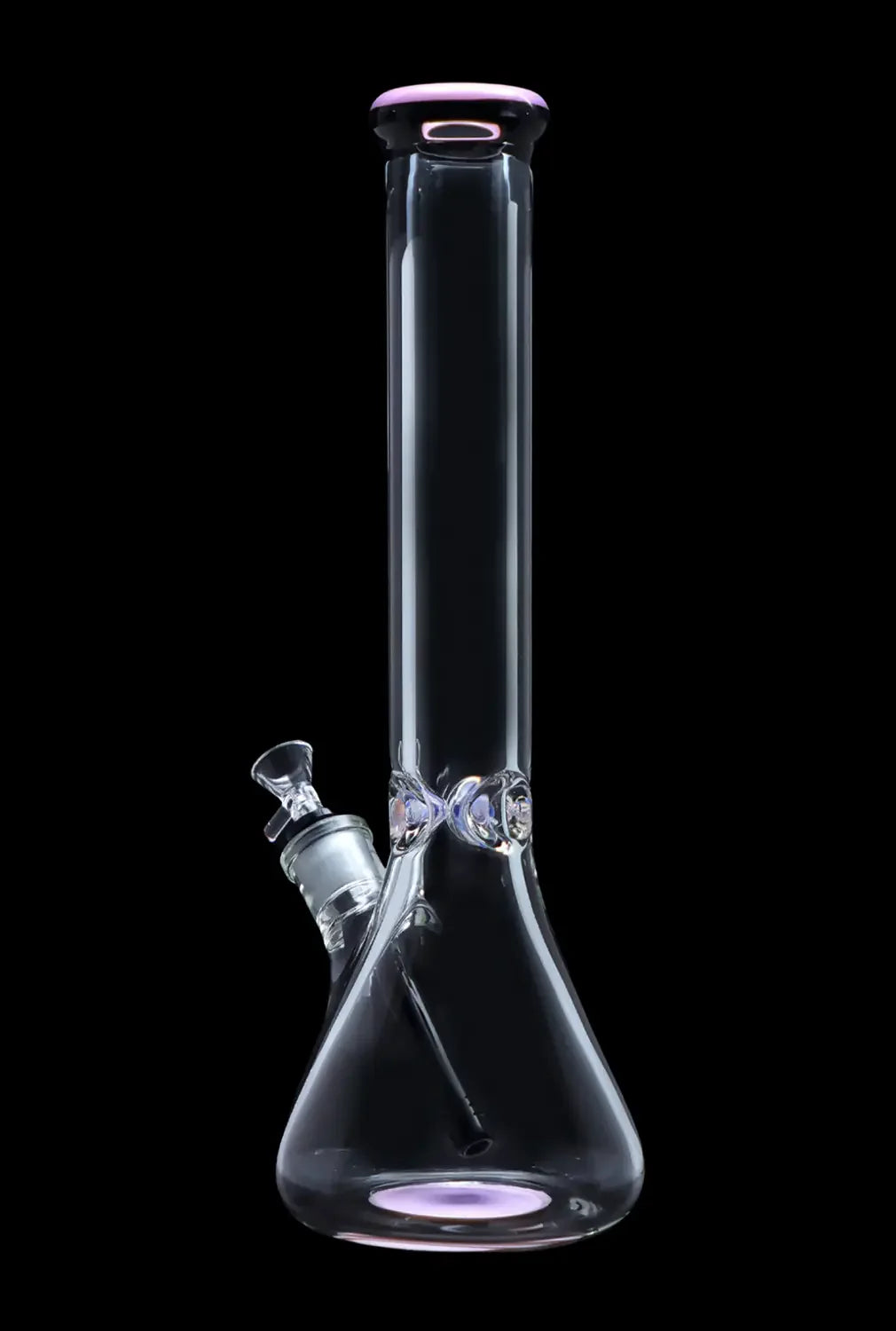 Clear glass bong with iridescent accents against a black background.