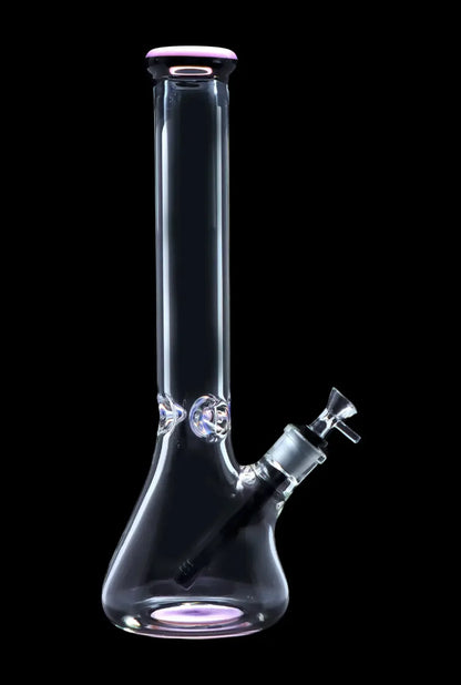 Clear glass bong with purple accents, isolated on a black background.