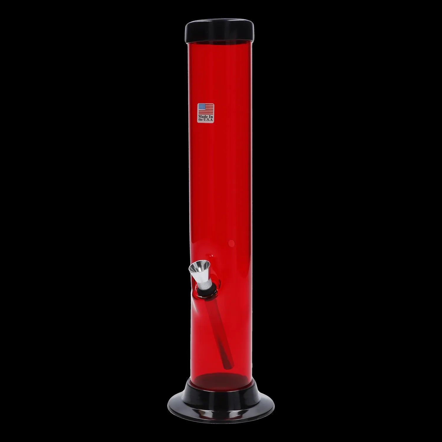 Red acrylic water pipe with a removable downstem, isolated on a black background.