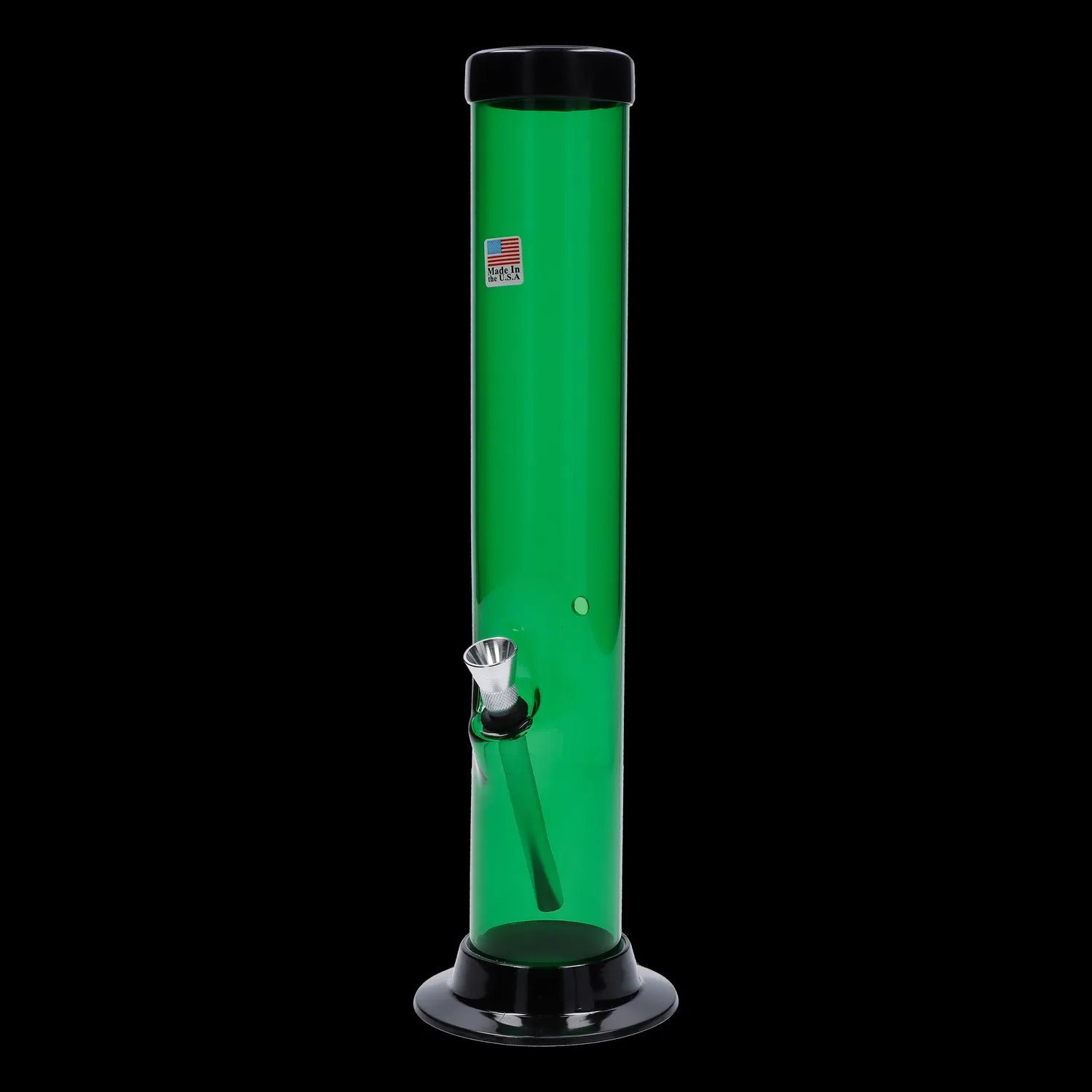 Green glass water pipe with a black base and bowl piece.