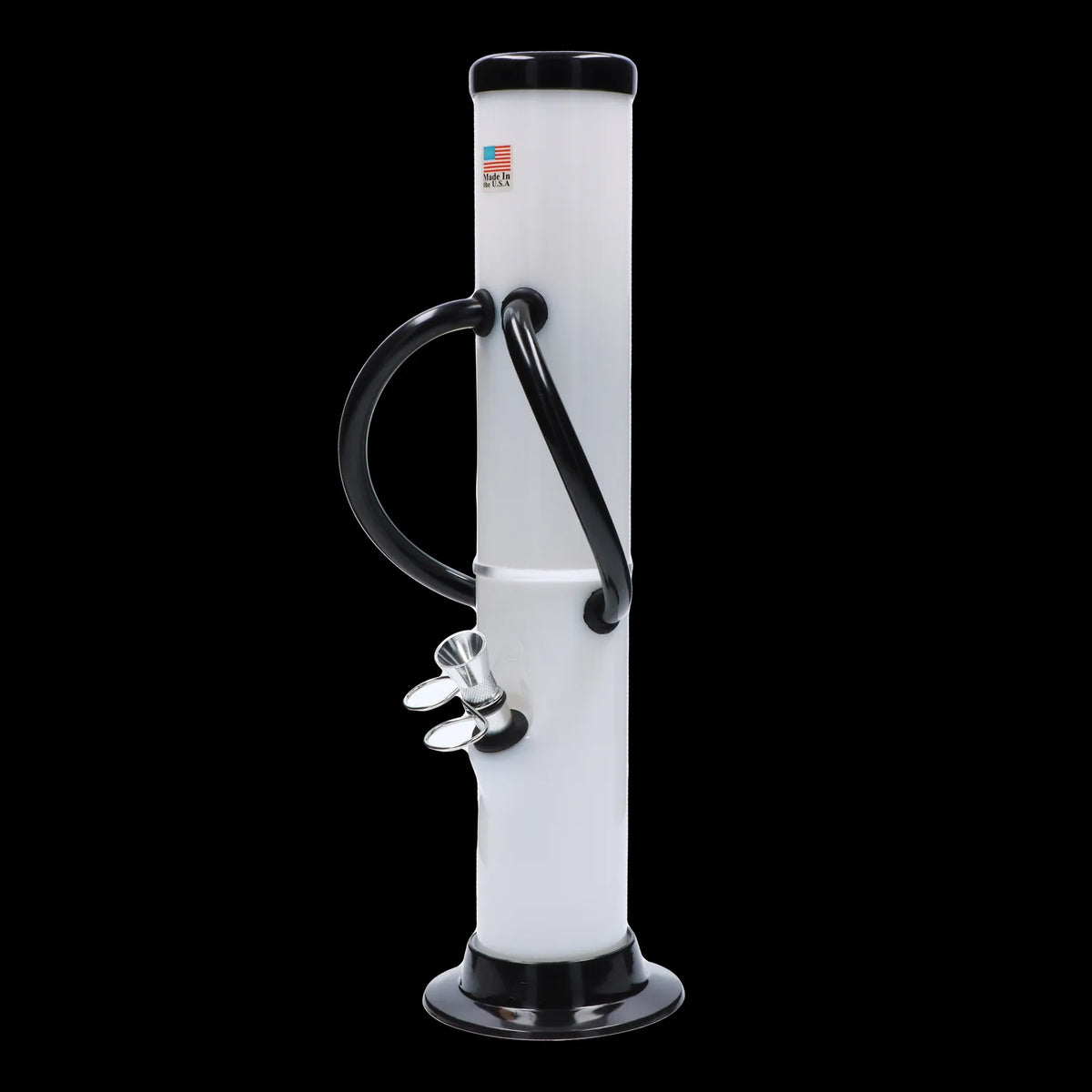 Vertical close-up of the light blue JM Plastics Dual Chamber with Pull Slide Acrylic Bong - 12 in., centered against a black background showing black handles and silver bowl.