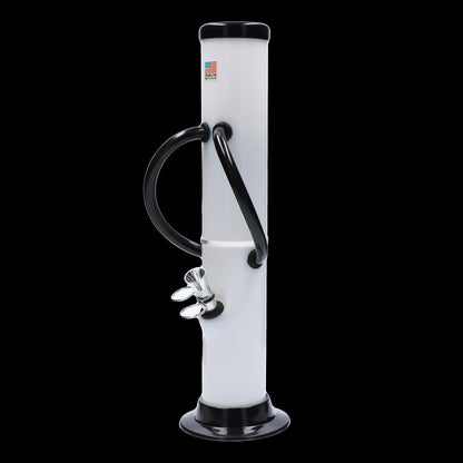 Vertical close-up of the light blue JM Plastics Dual Chamber with Pull Slide Acrylic Bong - 12 in., centered against a black background showing black handles and silver bowl.