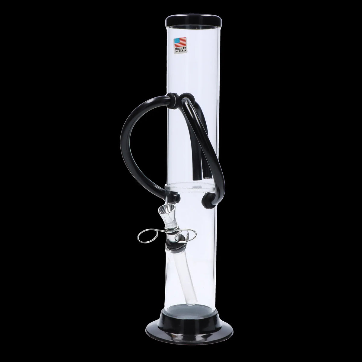 Vertical close-up of the clear JM Plastics Dual Chamber with Pull Slide Acrylic Bong - 12 in. against a black background, showing black handles, a metal bowl and the tube's base.