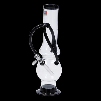 Clear glass bong with black accents and a water filtration system, isolated on a black background.