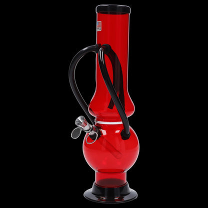 Red glass bubbler water pipe with black accents.