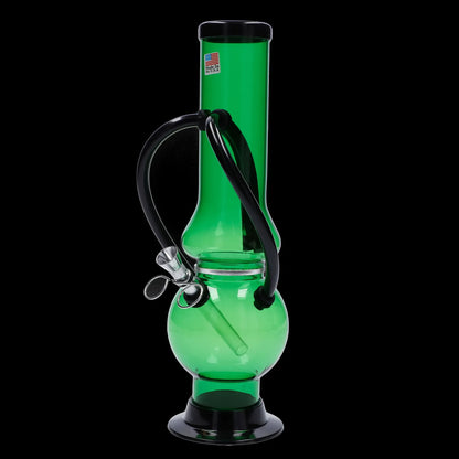 Green glass water pipe with black accents and a glass bowl.