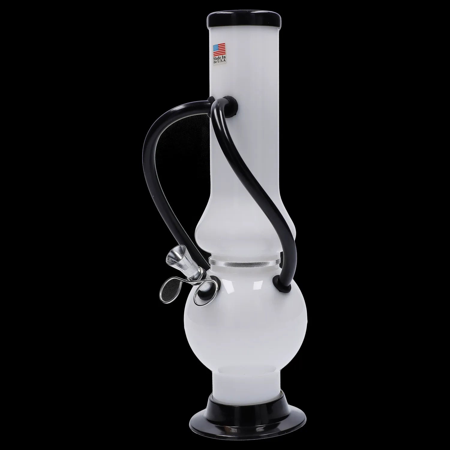 Clear glass water pipe with black accents, isolated on a black background.