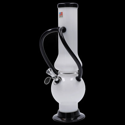 Clear glass water pipe with black accents, isolated on a black background.