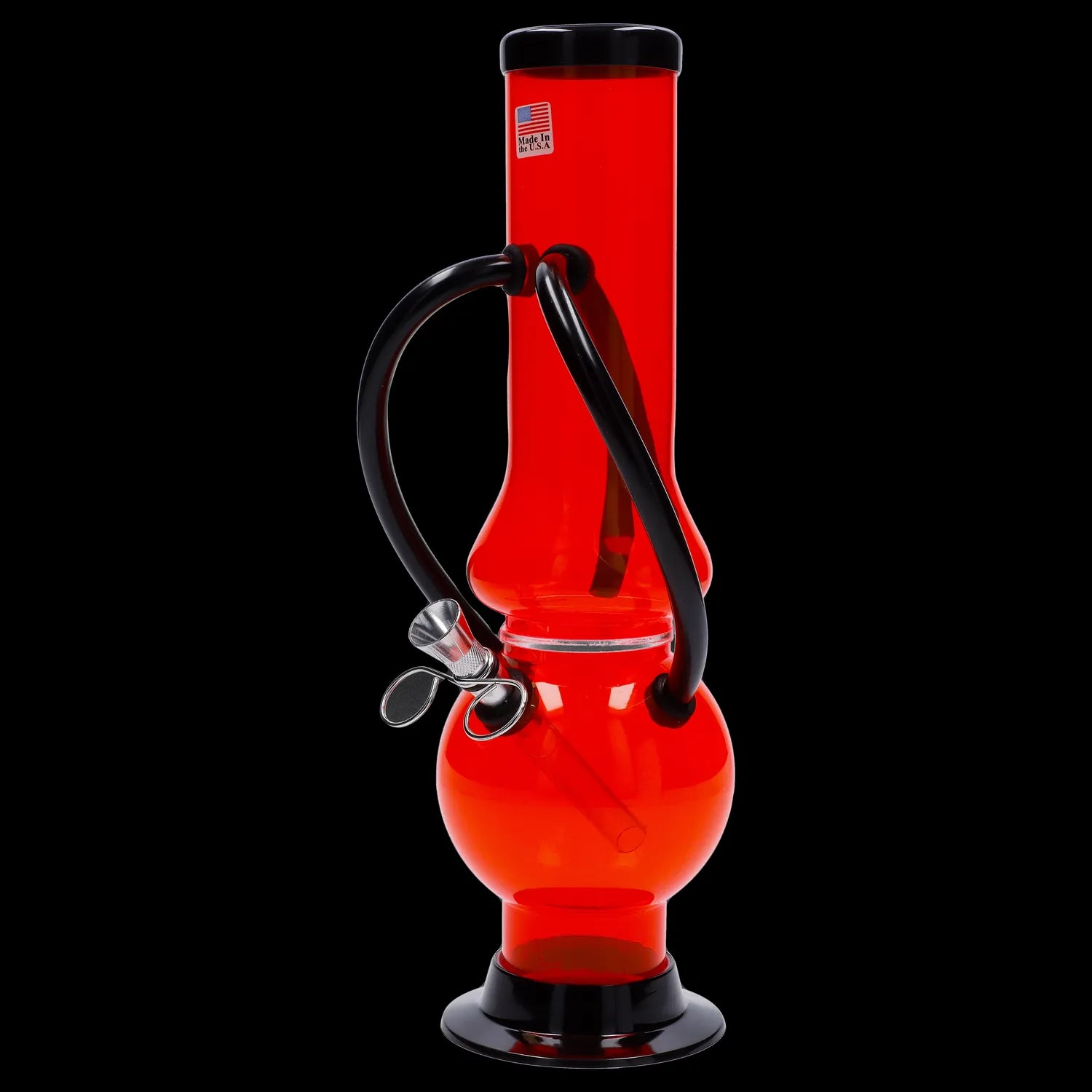 Red acrylic water pipe with glass bowl and downstem.