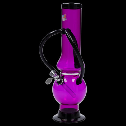 Purple glass bong with intricate tubing and bowl.