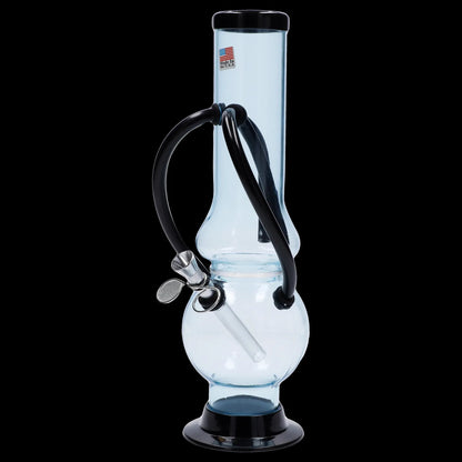 Glass water pipe with black accents, used for smoking cannabis.
