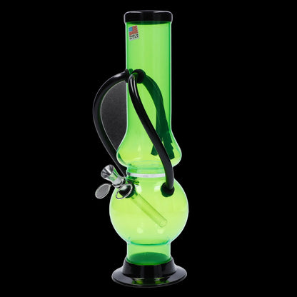 Green glass bong with black accents and a detachable downstem.