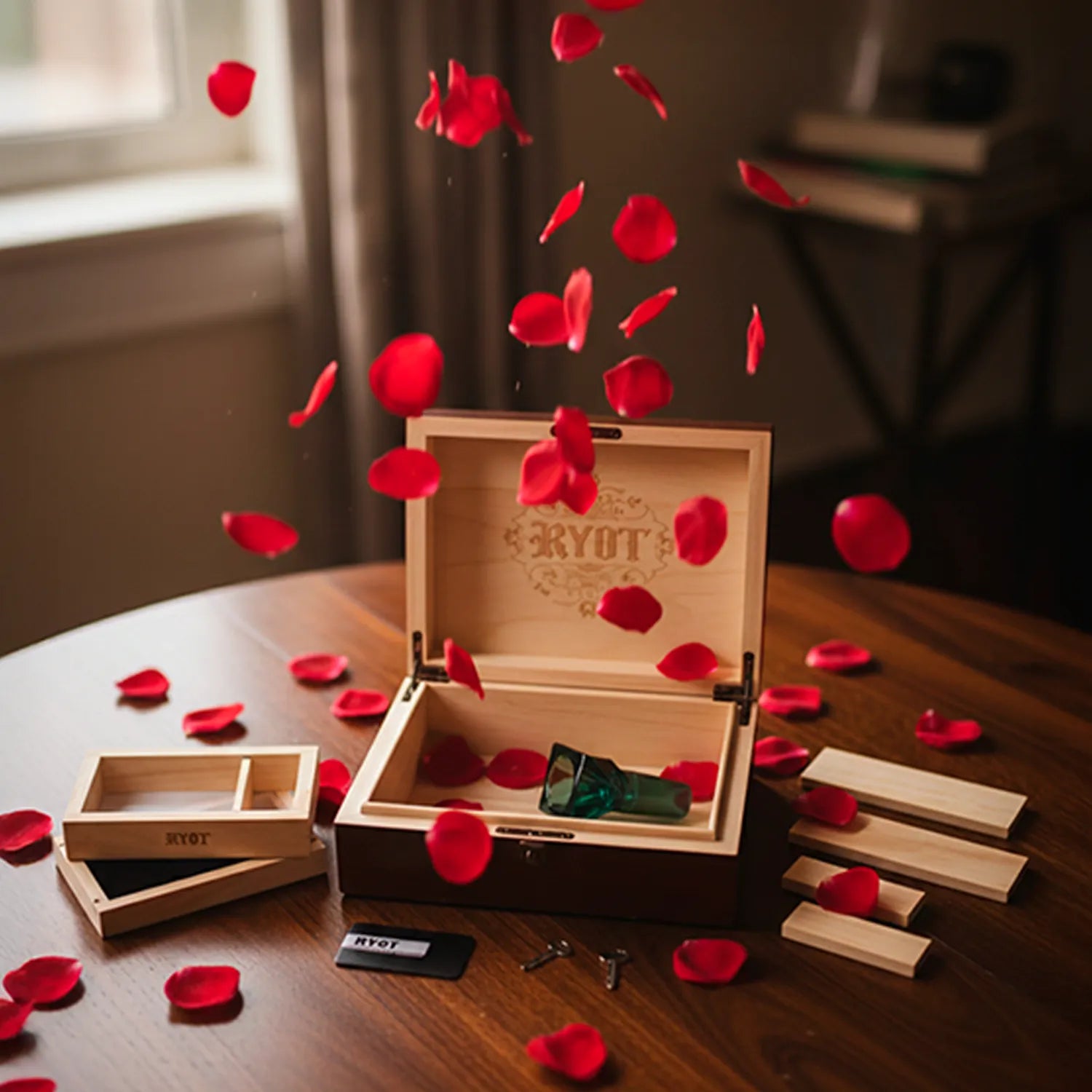 Three-quarter view of the open RYOT Humidor Walnut Combo Box (8X11) on a wooden table with red rose petals falling around it.