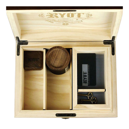 Top-down view of the open RYOT Humidor Walnut Combo Box (8X11) showing divided light wood compartments, a round walnut jar, and brass keys.