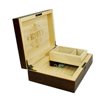 Angled view of the open RYOT Humidor Walnut Combo Box (8X11) showing its light wood interior tray and engraved lid.