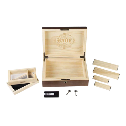 Top-down view of the open RYOT Humidor Walnut Combo Box (8X11) showing its light wood interior, dividers, keys, and accessories.