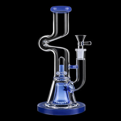 Angled close-up of the Smoke Cartel Zig Zag Dual Perc Bong - 9.2 in. showing its milky blue mouthpiece, percolators, and S-shaped neck against a black background