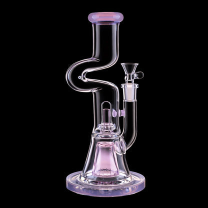 Close-up front view of the Smoke Cartel Zig Zag Dual Perc Bong - 9.2 in. showing its S-shaped clear glass neck, pink-tinted mouthpiece and percolator against a black background.