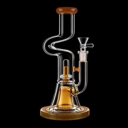 Close-up front view of the Smoke Cartel Zig Zag Dual Perc Bong - 9.2 in. showing a curving clear glass neck, amber accents, and a black background