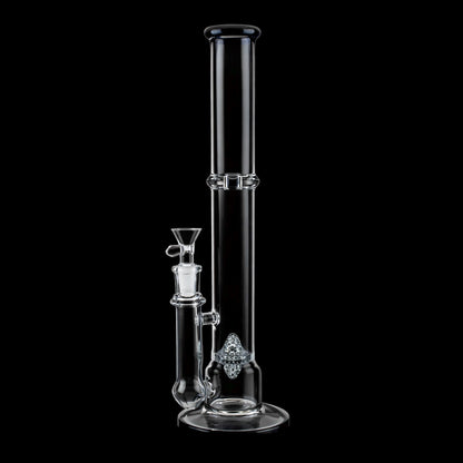 Vertical three-quarter view of the Smoke Cartel Straight Tube with Perc Bong - 13.5 in., clear glass against a black background showing the tall straight neck, percolator and downstem.
