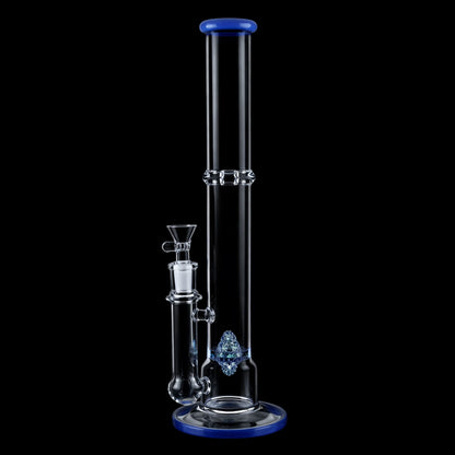 Straight-on view of the Smoke Cartel Straight Tube with Perc Bong - 13.5 in. showing clear glass tubing, a blue-rimmed mouthpiece and base, and a textured blue percolator against a black background