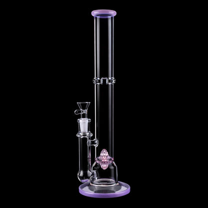 Vertical front view of the Smoke Cartel Straight Tube with Perc Bong - 13.5 in. showing clear glass tubing, a pink-accented mouthpiece and base, and a centered percolator against a black background