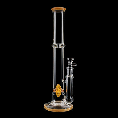 Vertical studio shot of the Smoke Cartel Straight Tube with Perc Bong - 13.5 in., clear glass with amber accents against black background