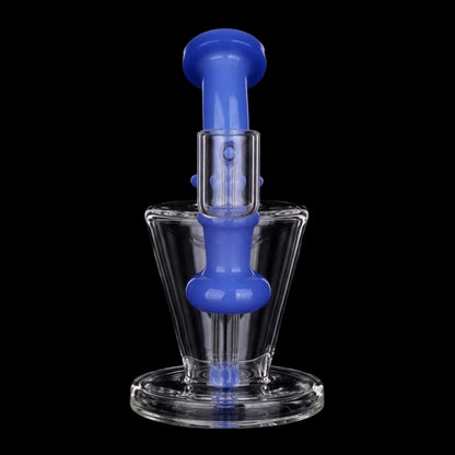Front-facing close-up of the blue Smoke Cartel Bent Neck Diffused Dab Rig - 6 in. showing the bent neck, clear glass joint, and tapered beaker base against a black background