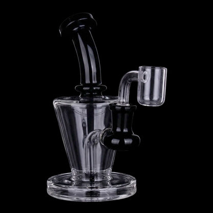 Close-up front view of the Smoke Cartel Bent Neck Diffused Dab Rig - 6 in. showing its clear glass body, bent neck, and right-side quartz banger against a black background