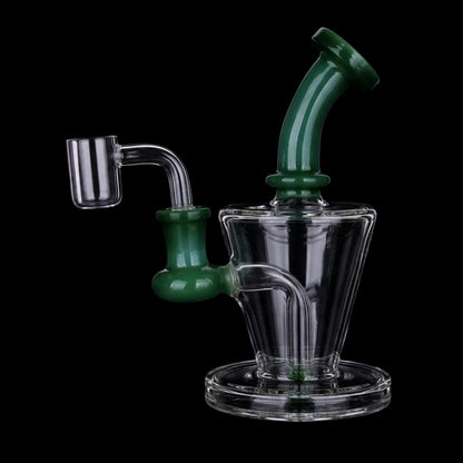 Close-up angled view of the Smoke Cartel Bent Neck Diffused Dab Rig - 6 in. showing its clear glass body and glossy green bent neck and joint against a black background
