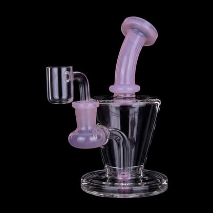 Close-up front view of the Smoke Cartel Bent Neck Diffused Dab Rig - 6 in. showing its pink bent neck and clear glass base.