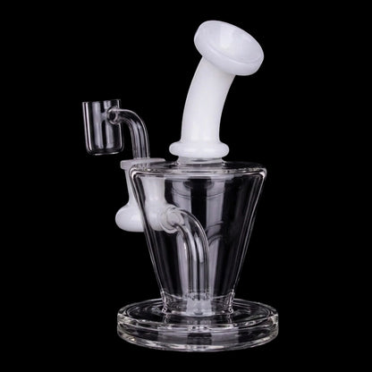 Close-up front view of the Smoke Cartel Bent Neck Diffused Dab Rig - 6 in., showing its white bent neck and clear glass chamber against a black background