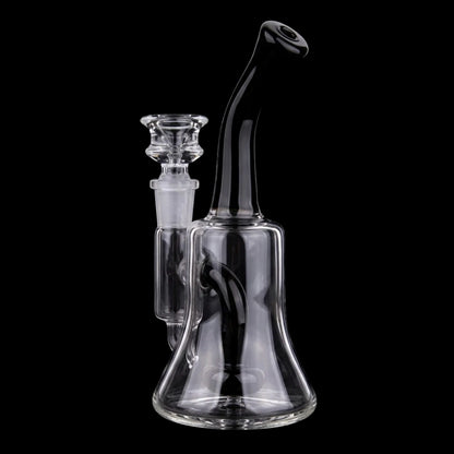 Angled close-up of the Smoke Cartel Color Bent Neck & Perc Bell Bong - 6.8 in., clear glass against a black background.
