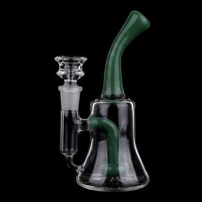 Close-up front view of the Smoke Cartel Color Bent Neck & Perc Bell Bong - 6.8 in. showing a milky blue-green bent neck and clear glass chamber against a black background