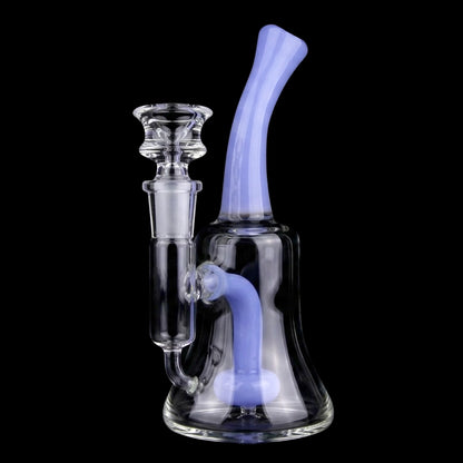 Close-up front view of the Smoke Cartel Color Bent Neck & Perc Bell Bong - 6.8 in. showing its jade pink curved neck and clear glass body.