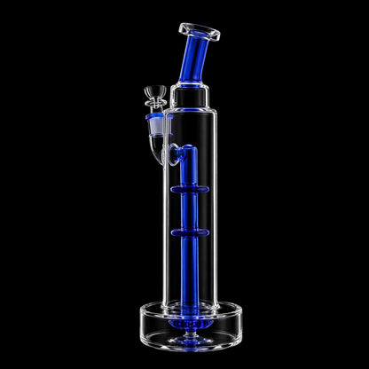 Vertical close-up of the Smoke Cartel Bent Neck w/ Perc Tall Bubbler Bong - 11 in. showing the blue inner percolator and bent neck against a black background