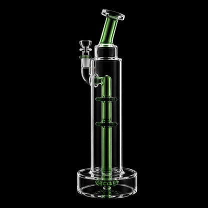 Studio-lit close-up of the Smoke Cartel Bent Neck w/ Perc Tall Bubbler Bong - 11 in. showing a tilted green bent neck and internal percolator inside a clear straight tube against a black background