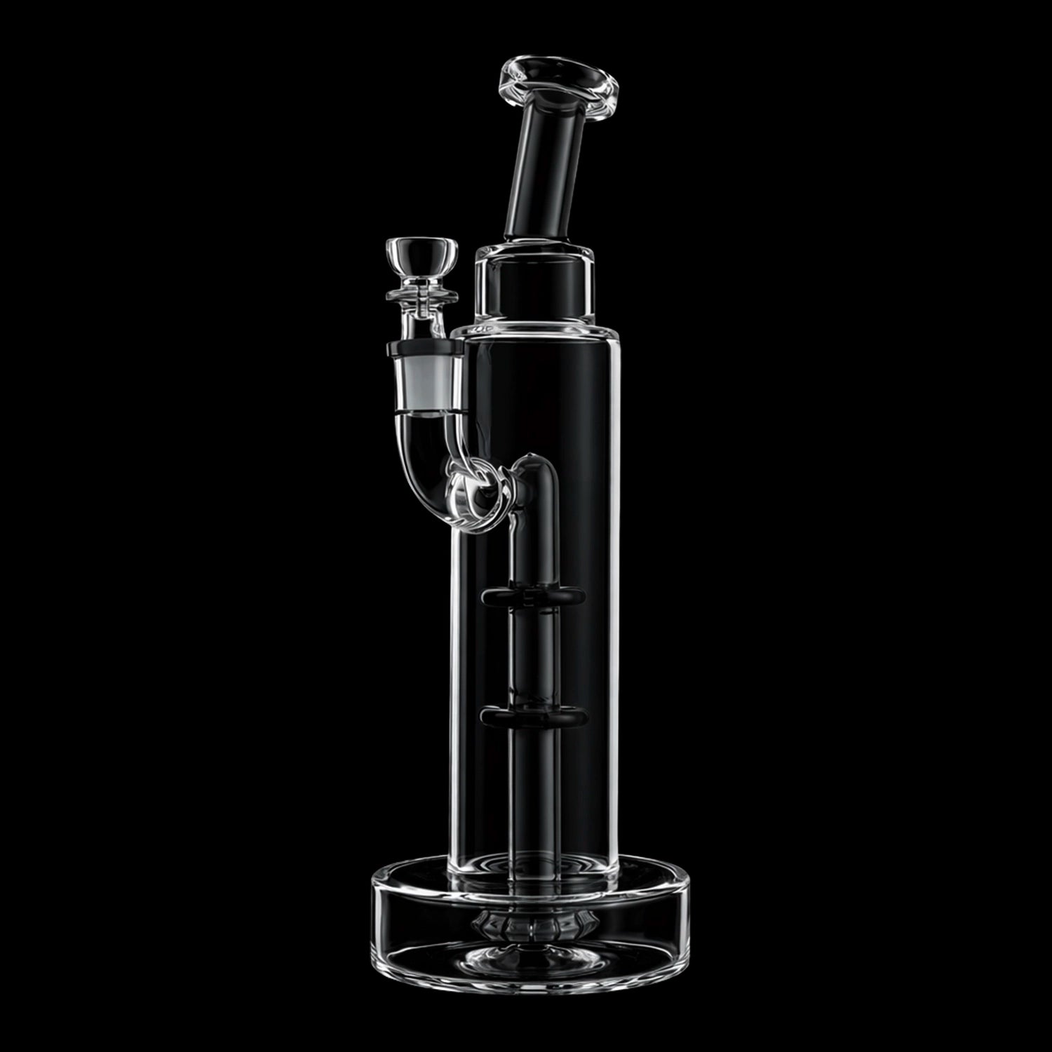 Close-up vertical view of the Smoke Cartel Bent Neck w/ Perc Tall Bubbler Bong - 11 in., clear glass against a black background.