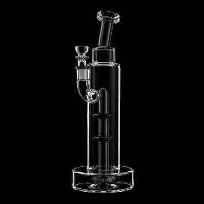Close-up vertical view of the Smoke Cartel Bent Neck w/ Perc Tall Bubbler Bong - 11 in., clear glass against a black background.