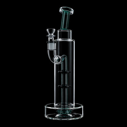 Centered, high-contrast profile of the Smoke Cartel Bent Neck w/ Perc Tall Bubbler Bong - 11 in., shown in clear glass against a black background with a bent neck and visible percolator.