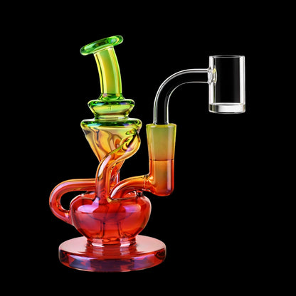 Angled close-up of the Smoke Cartel Swirly Recycler Dab Rig - 5.5 in. showing iridescent ombre yellow-to-red glass against black background