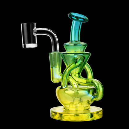 Close-up front view of the Smoke Cartel Swirly Recycler Dab Rig - 5.5 in. in translucent rasta green-yellow glass against black.