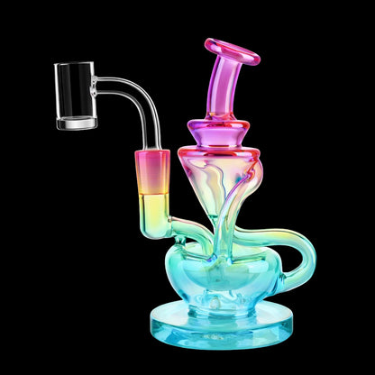 Close-up, three-quarter view of the Smoke Cartel Swirly Recycler Dab Rig - 5.5 in. in a glossy ombre blue-to-pink swirl against a black background